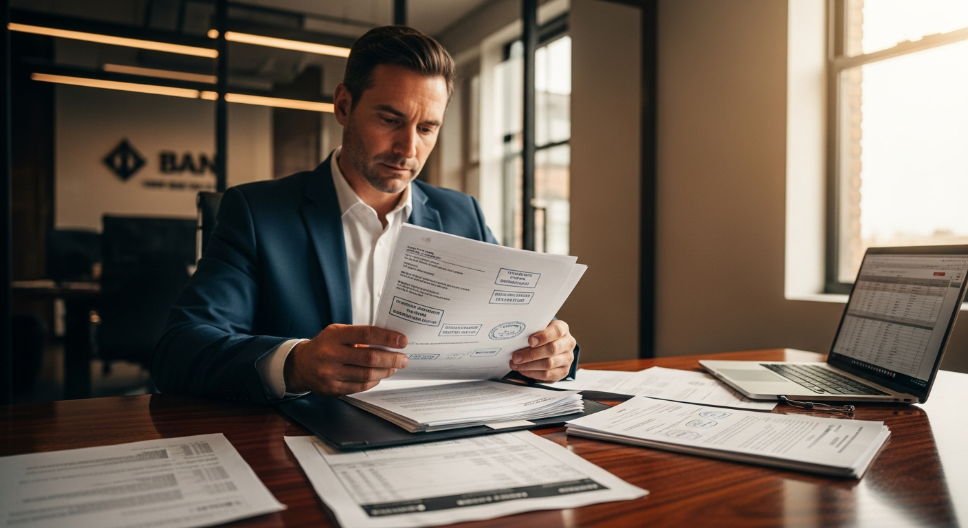 Bankada akreditif belgelerini inceleyen finans uzmanı - mühürlü ticari evraklar ve profesyonel bankacılık ortamı
