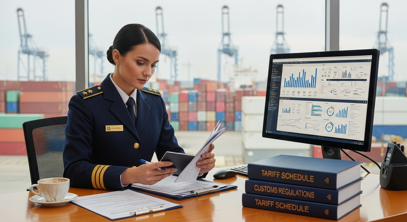 Gümrük memuru tarife cetvellerini incelerken - bilgisayar ekranında ticaret verileri ve arka planda konteynerler
