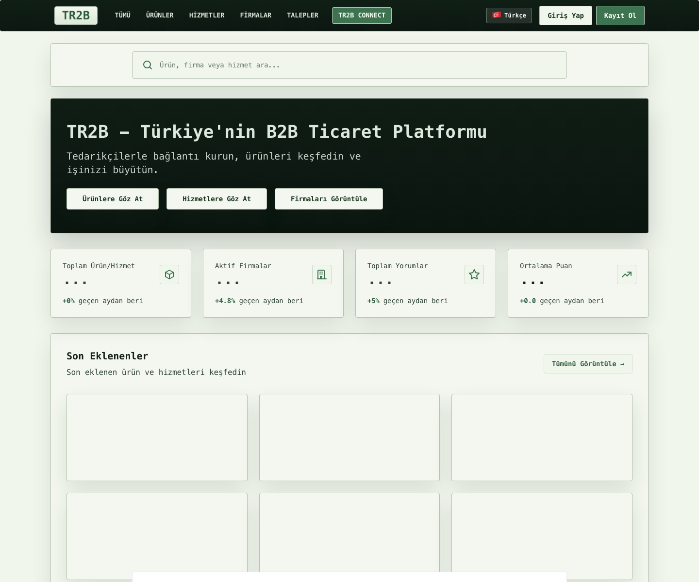 Türkiye’nin B2B Ticaret Platformu - TR2B homepage screenshot, 2026-06-04